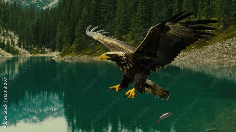 Fototapeta premium Eagle Hunting for Fish Over Tranquil Lake Surrounded by Forest