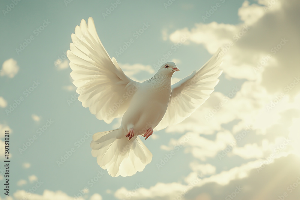 A white dove flaps its wings in the sky, with sunlight shining through the clouds on it. A white dove flaps its wings in the sky, with sunlight shining through the clouds on it.