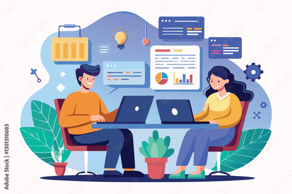 Fototapeta premium Two developers collaborate through pair programming using laptops to write code in a vibrant office setup, Pair programming Customizable Semi Flat Illustration