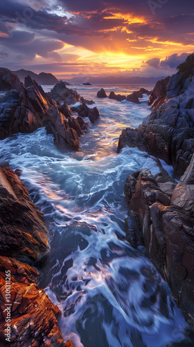 Majestic Coastal Sunrise: Rugged Shoreline with Crashing Waves and Vibrant Skies
