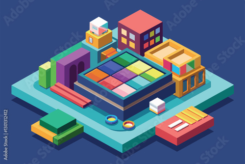 A colorful isometric illustration featuring a lively city block filled with unique buildings and structures, Palette Customizable Isometric Illustration