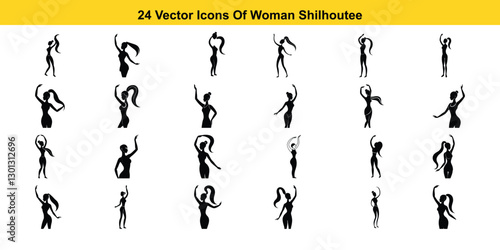 24 Silhouette Icons of Women in Various Dance Poses - Vector Illustrations