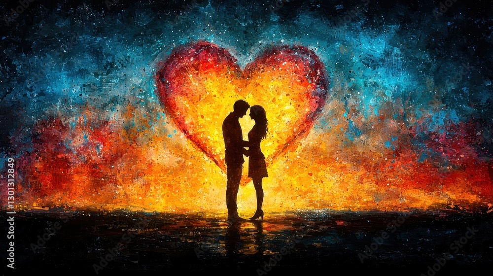Fototapeta premium Silhouetted couple in front of a colorful heart backdrop.