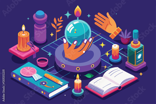 A colorful isometric illustration showing a hand reading palms with candles, a crystal ball, and various mystical tools, Palm reading Customizable Isometric Illustration