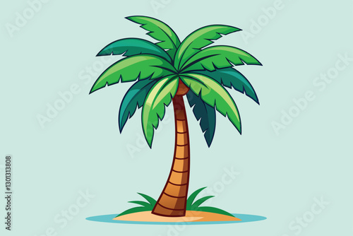 A vibrant palm tree stands tall with broad green fronds and a sturdy trunk against a soft pastel backdrop, Palm tree Customizable Disproportionate Illustration