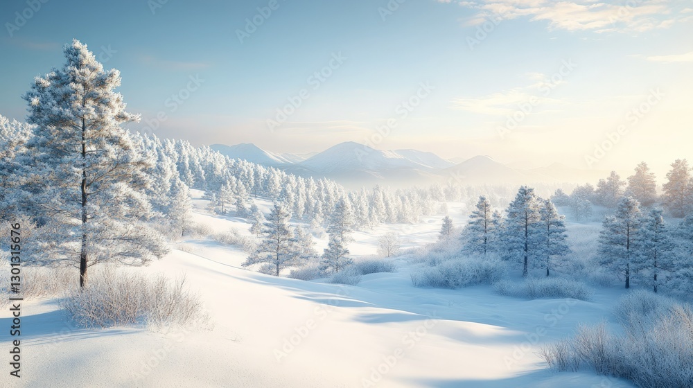 Snowy mountain landscape with a forest of pine trees in the foreground.