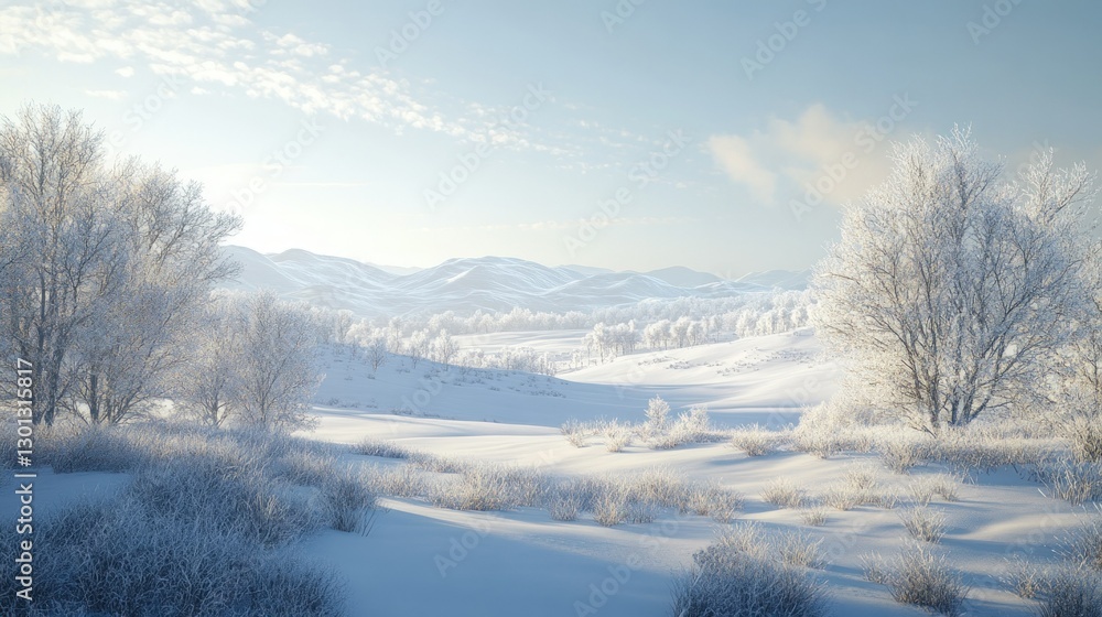 A snowy winter landscape with frosted trees, rolling hills, and a clear blue sky. A snowy winter landscape with frosted trees, rolling hills, and a clear blue sky.