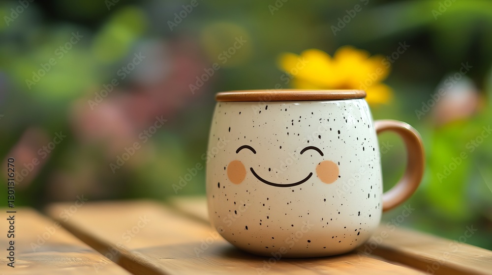 custom made wallpaper toronto digitalHappy Smiling Face Mug Cozy Coffee Tea Drink Warm Morning Joyful Cute Adorable Ceramic Cup Wooden Table Garden Background Spring Summer Sunshine      