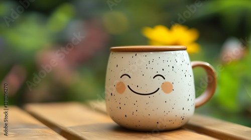 Wallpaper Mural Happy Smiling Face Mug Cozy Coffee Tea Drink Warm Morning Joyful Cute Adorable Ceramic Cup Wooden Table Garden Background Spring Summer Sunshine       Torontodigital.ca