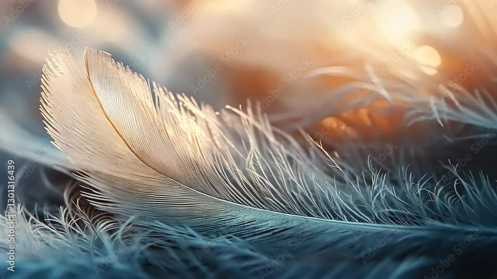 Soft, delicate feathers resting on a serene surface with warm light creating a dreamy atmosphere Soft, delicate feathers resting on a serene surface with warm light creating a dreamy atmosphere