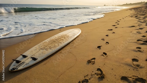 A surfboard on a pristine white sand beach with footprints and tire tracks leading towards the turquoise ocean.