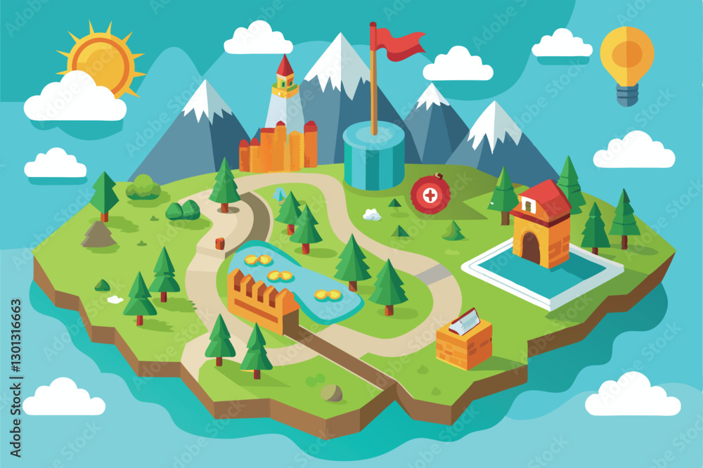 A playful cartoon map showcasing mountains, forests, a winding path, and various imaginative landmarks, Paper map Customizable Cartoon Illustration A playful cartoon map showcasing mountains, forests, a winding path, and various imaginative landmarks, Paper map Customizable Cartoon Illustration