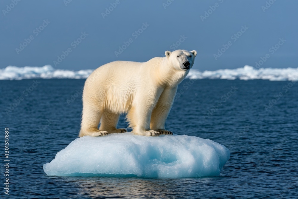 Naklejka premium A polar bear standing on a tiny melting iceberg, surrounded by vast open ocean