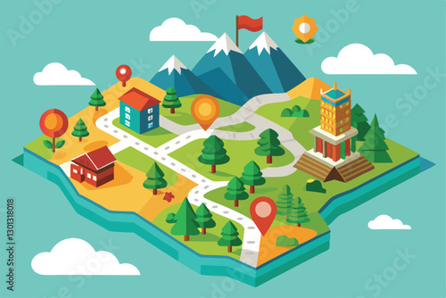 A colorful semi-flat illustration of a customizable paper map showcasing trees, buildings, and mountains, Paper map Customizable Semi Flat Illustration