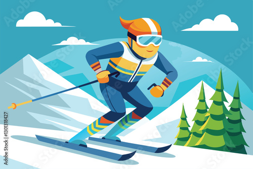 A customizable cartoon character navigates downhill on skis against a backdrop of mountains and trees, Para alpine skiing Customizable Cartoon Illustration
