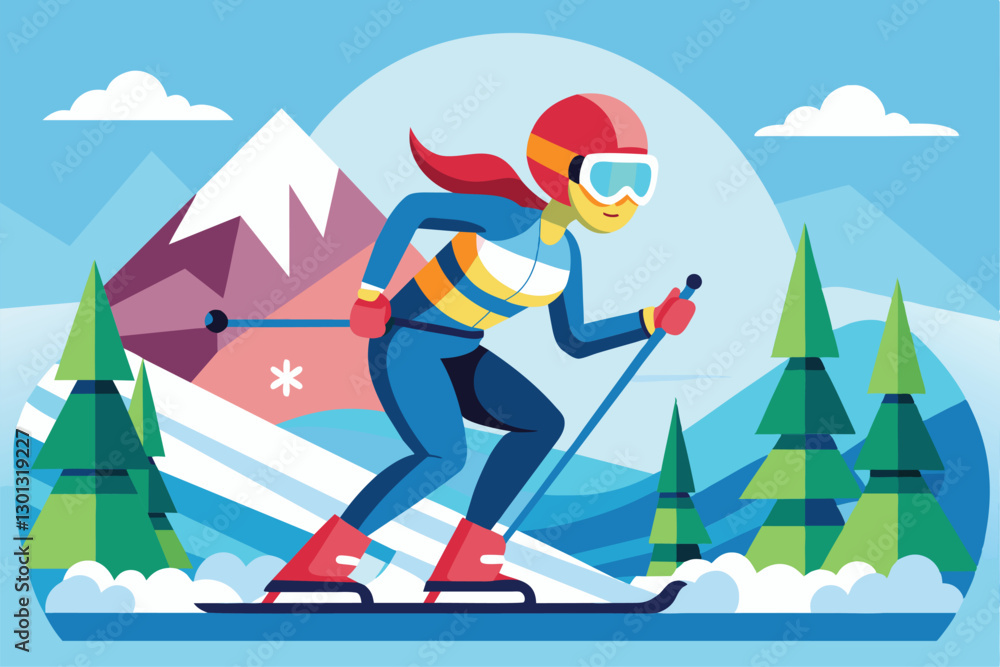 Fototapeta premium A skier navigates a flat slope, showcasing para alpine skiing against a snowy mountain backdrop, Para alpine skiing Customizable Flat Illustration
