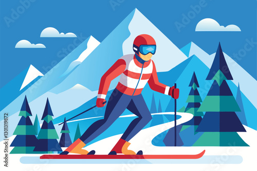 A para alpine skier skillfully maneuvers on a snowy trail surrounded by tall trees and mountains, Para alpine skiing Customizable Semi Flat Illustration