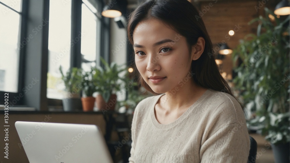 Southeast Asian Woman Typing in Co-Working Space with Plants and Sunlight, Modern Productivity Southeast Asian Woman Typing in Co-Working Space with Plants and Sunlight, Modern Productivity