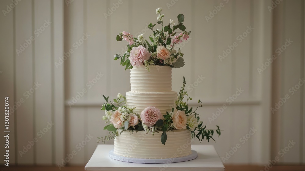 Fototapeta premium Elegant Three Tier Wedding Cake with Fresh Floral Decoration
