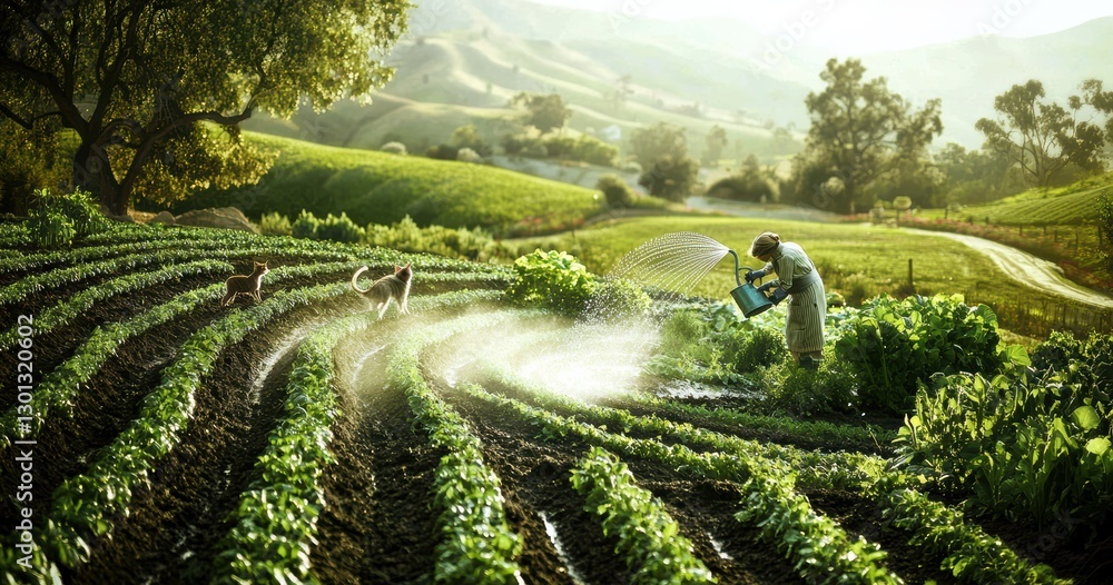 Fototapeta premium Lush and Fertile Fields A Dedicated Farmer Tending to Bright Vibrant Crops in Soft Gentle Light
