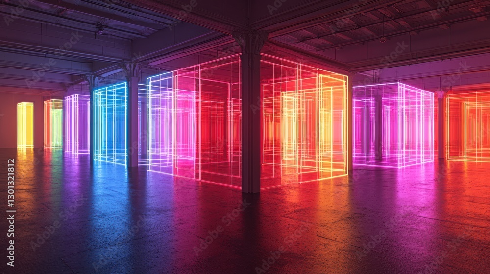 Fototapeta premium Neon Cubes in an Industrial Space: A Vibrant Symphony of Light and Color