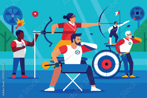 Diverse athletes engage in paralympic archery, showcasing their skills and teamwork in a vibrant outdoor setting, Paralympic archery Customizable Flat Illustration