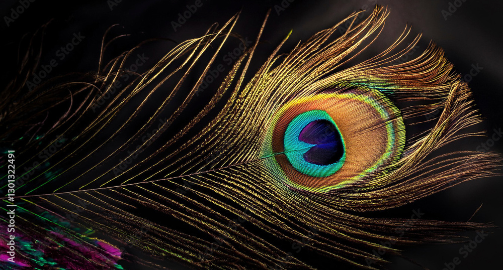 Obraz premium Peacock feather on black or dark background in unreal magic style. Neon lights, soft luminescence