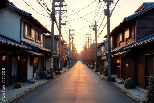 Wallpaper Mural Peaceful Japanese Town Street at Sunrise with Traditional Homes Torontodigital.ca