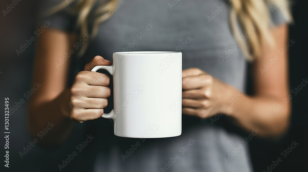 A woman with blonde hair holds a blank white coffee mug in front of her chest. The setting is modern and stylish, capturing a serene moment of relaxation and comfort A woman with blonde hair holds a blank white coffee mug in front of her chest. The setting is modern and stylish, capturing a serene moment of relaxation and comfort