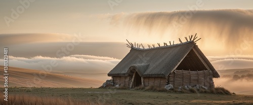 Autumn sunrise over a reconstructed prehistoric hut. photo