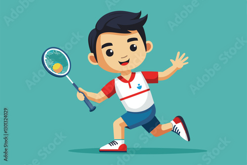 A young athlete plays badminton energetically, showcasing skills in a vibrant, colorful setting, Paralympic badminton Customizable Cartoon Illustration