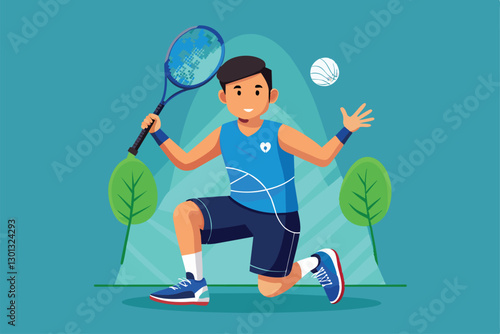 A skilled badminton player with a customized racket prepares to serve, showcasing athleticism and determination, Paralympic badminton Customizable Disproportionate Illustration