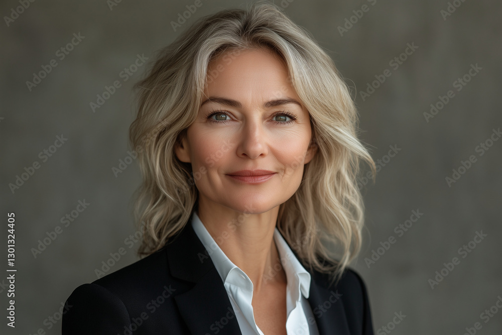 A confident middle-aged woman with wavy blonde hair, wearing a black blazer and white shirt. She exudes professionalism and warmth, making her an ideal representation of leadership and success. A confident middle-aged woman with wavy blonde hair, wearing a black blazer and white shirt. She exudes professionalism and warmth, making her an ideal representation of leadership and success.
