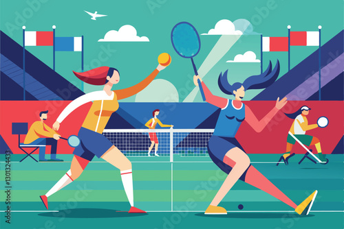 Athletes are actively engaged in a thrilling badminton match during a Paralympic event outdoors, Paralympic badminton Customizable Flat Illustration