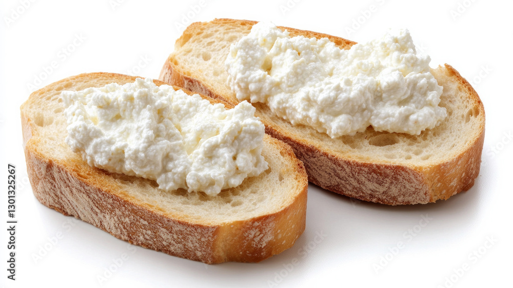 Two slices of bread with white cheese on top Two slices of bread with white cheese on top