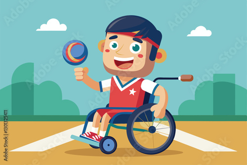 A cheerful athlete in a wheelchair holds a boccia ball while smiling on a vibrant outdoor court, Paralympic boccia Customizable Cartoon Illustration
