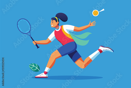 An enthusiastic athlete plays badminton, showcasing skill and determination on a bright blue background, Paralympic badminton Customizable Semi Flat Illustration