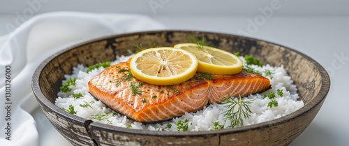 Wallpaper Mural Delicious seared salmon fillets served over rice with sliced lemons and garnished with fresh herbs presented in a rustic wooden bowl. Torontodigital.ca