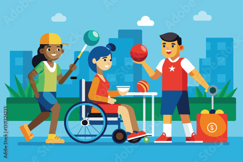 A friendly game of customizable boccia unfolds outdoors as children engage with exciting balls, Paralympic boccia Customizable Disproportionate Illustration