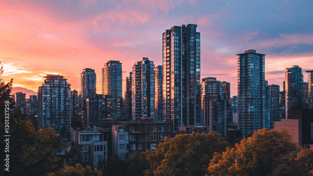 Fototapeta premium A city skyline with a sunset in the background