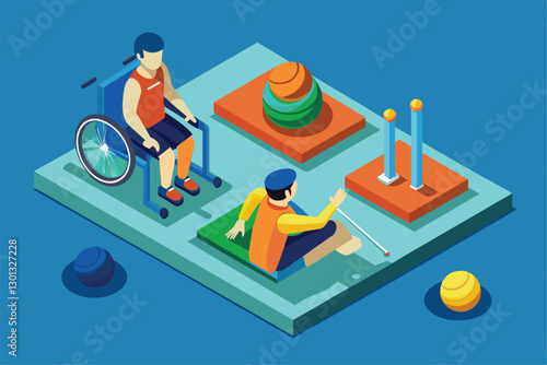 Two athletes participate in a boccia game, one seated in a wheelchair and the other on the ground, Paralympic boccia Customizable Isometric Illustration