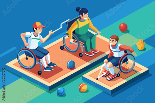 Three athletes engage in a game of boccia, emphasizing sport accessibility and vibrant design elements, Paralympic boccia Customizable Isometric Illustration