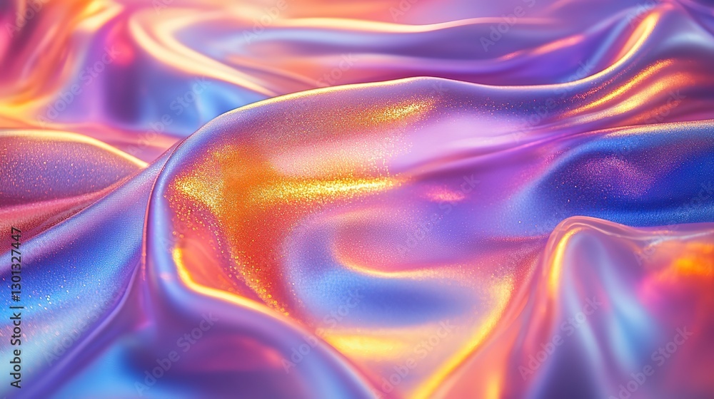 Fototapeta premium Close-up of ethereal pastel neon blue, purple, lavender, yellow holographic metallic foil background. Abstract modern, futuristic, festive dreamlike backdrop.