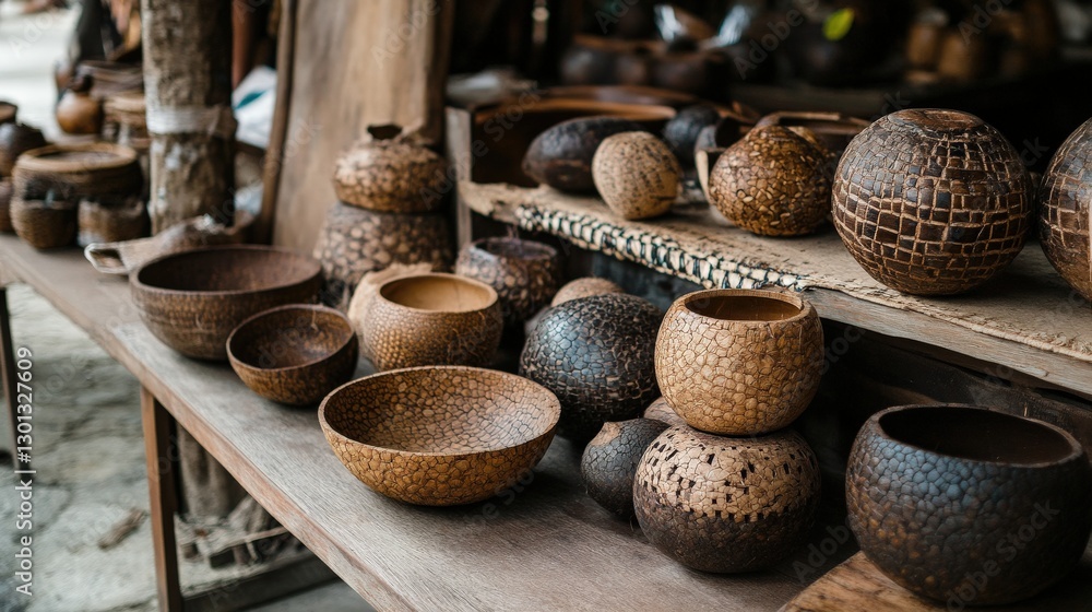 Fototapeta premium Coconut shell crafts arranged in a traditional market setup, showcasing their handmade charm