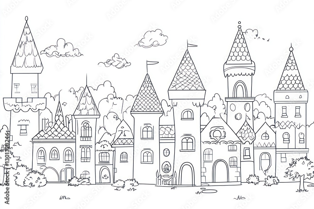 Fototapeta premium Fairytale castle town skyline, coloring page, children's book illustration