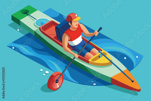 A person paddles a customized canoe designed for athletes with disabilities on tranquil waters, Paralympic canoe Customizable Isometric Illustration
