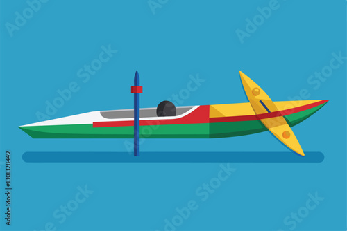 A colorful semi-flat canoe designed for Paralympic athletes rests against a solid blue backdrop, ready for use, Paralympic canoe Customizable Semi Flat Illustration