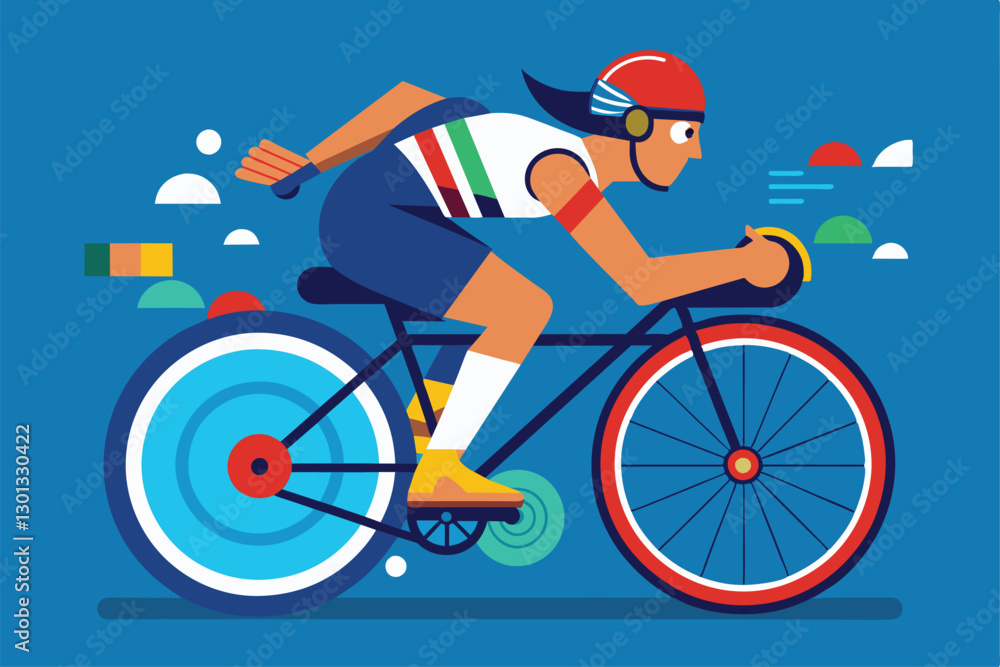Fototapeta premium A dynamic cyclist competes in a Paralympic race, showcasing speed and determination in a colorful environment, Paralympic cycling Customizable Flat Illustration