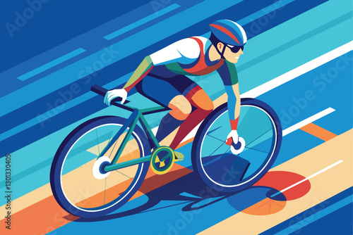 A cyclist in a colorful outfit speeds along a stylized track in a Paralympic cycling event, Paralympic cycling Customizable Isometric Illustration