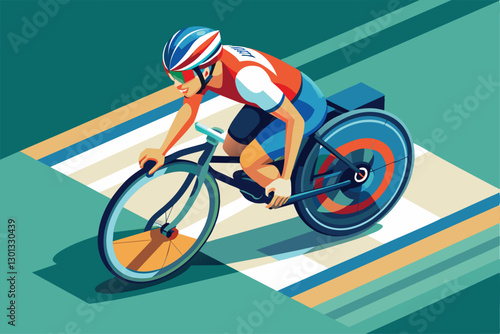 A determined cyclist on a specialized bike speeds along a track, showcasing athletic skill and determination, Paralympic cycling Customizable Isometric Illustration